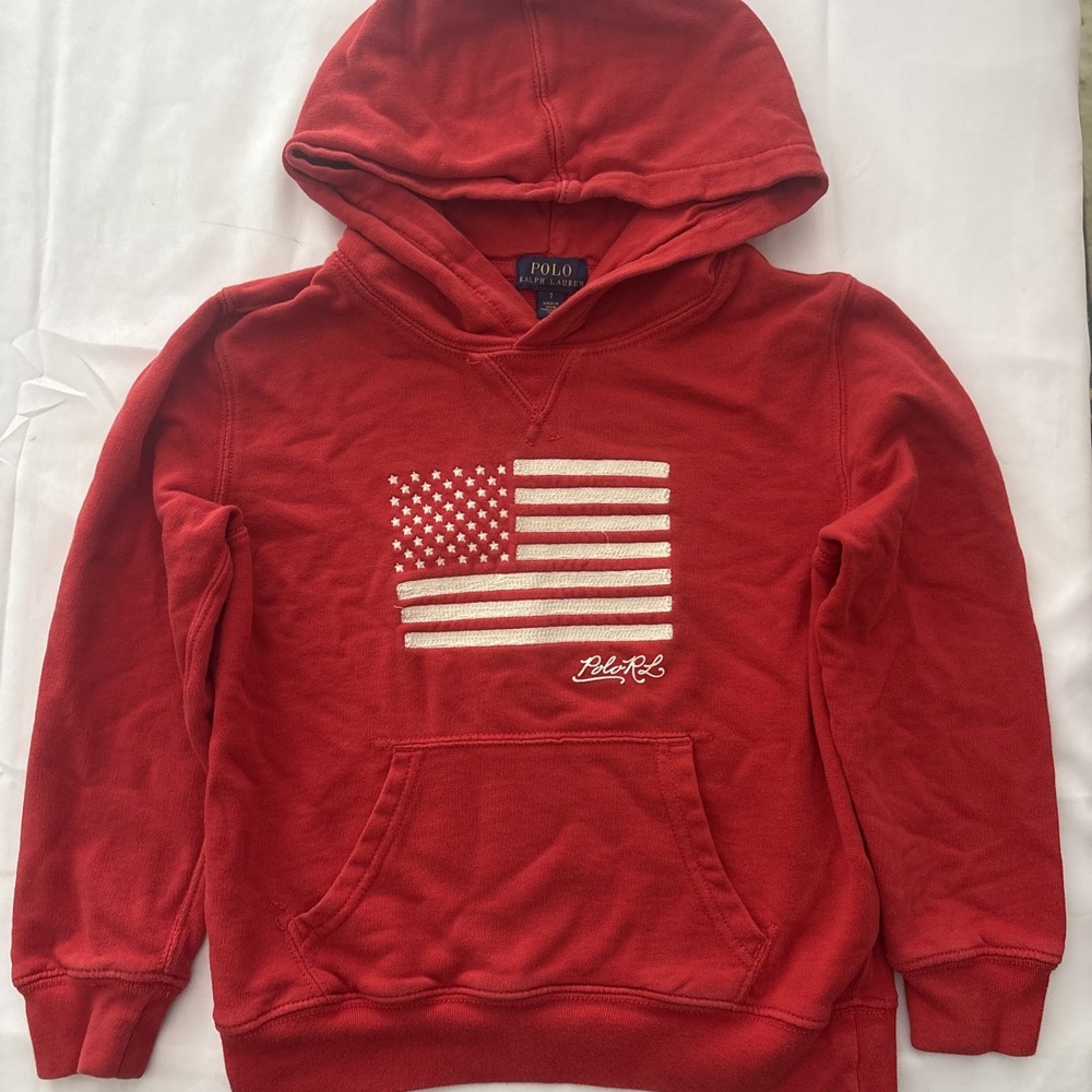 Ralph Lauren Polo Hoodie Youth Size 7 Red American Flag Graphic Pullover EUC